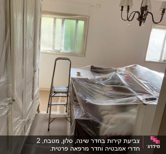 חדר מכוסה בניילון לקראת צביעה, סולם ומברשת